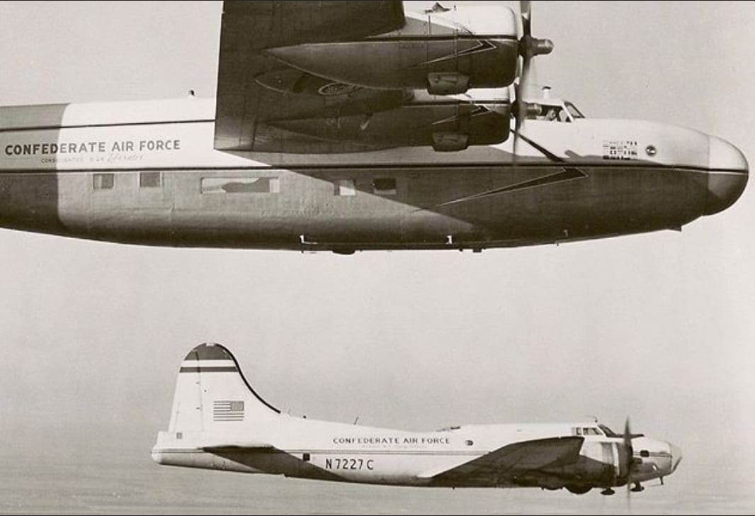 B-17 Texas Raiders in an early publicity flight with B-24 Diamond Lil.